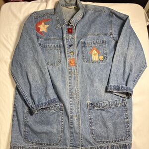 Vintage Embroidered Patchwork Denim Chore Coat L Jacket Cottagecore Country